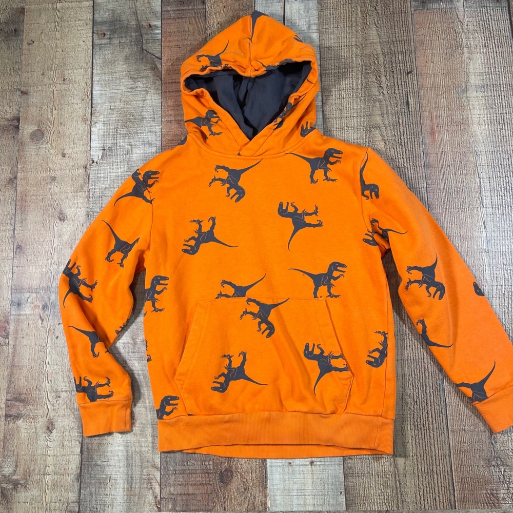 H&M Orange Dinosaur Raptor Print Fleece Lined Pullover Hoodie Kids Size 8-10Y